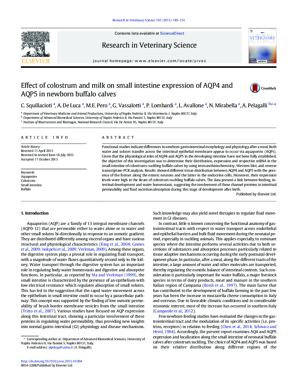 Effect of colostrum and milk on small intestine expression of AQP4 and AQP5 in newborn buffalo calves