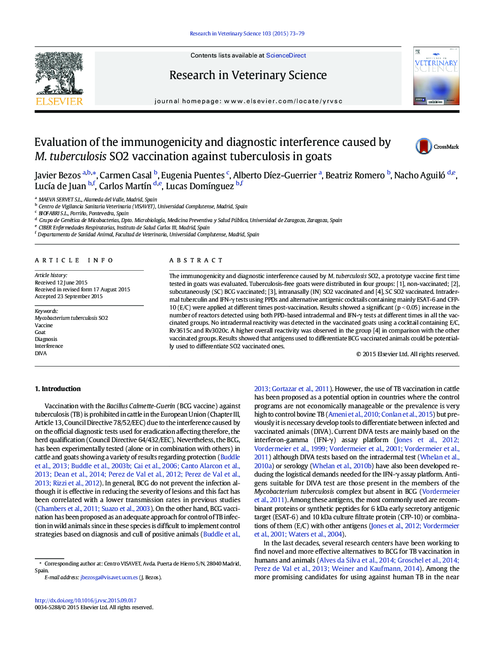 Evaluation of the immunogenicity and diagnostic interference caused by M. tuberculosis SO2 vaccination against tuberculosis in goats