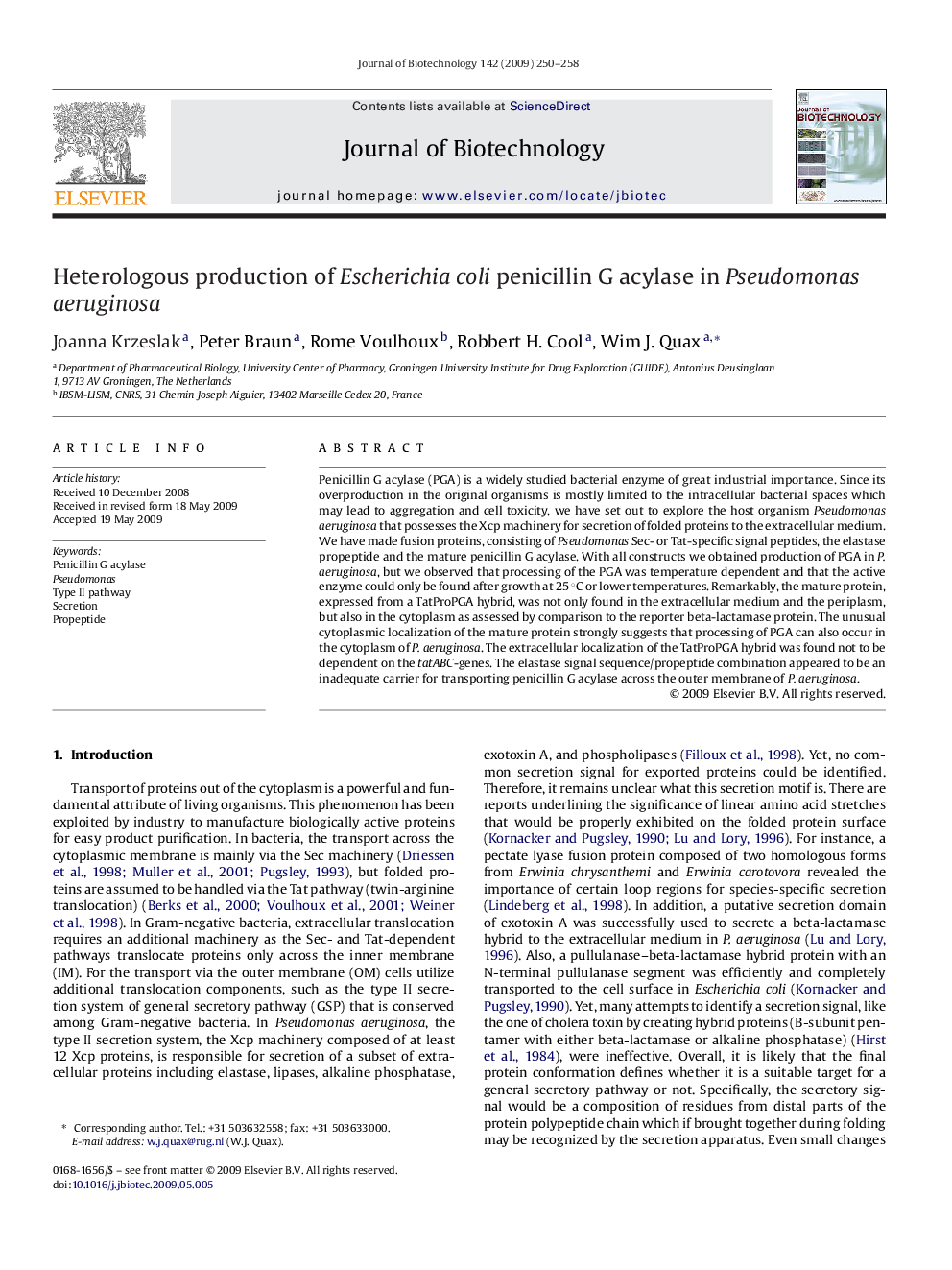 Heterologous production of Escherichia coli penicillin G acylase in Pseudomonas aeruginosa