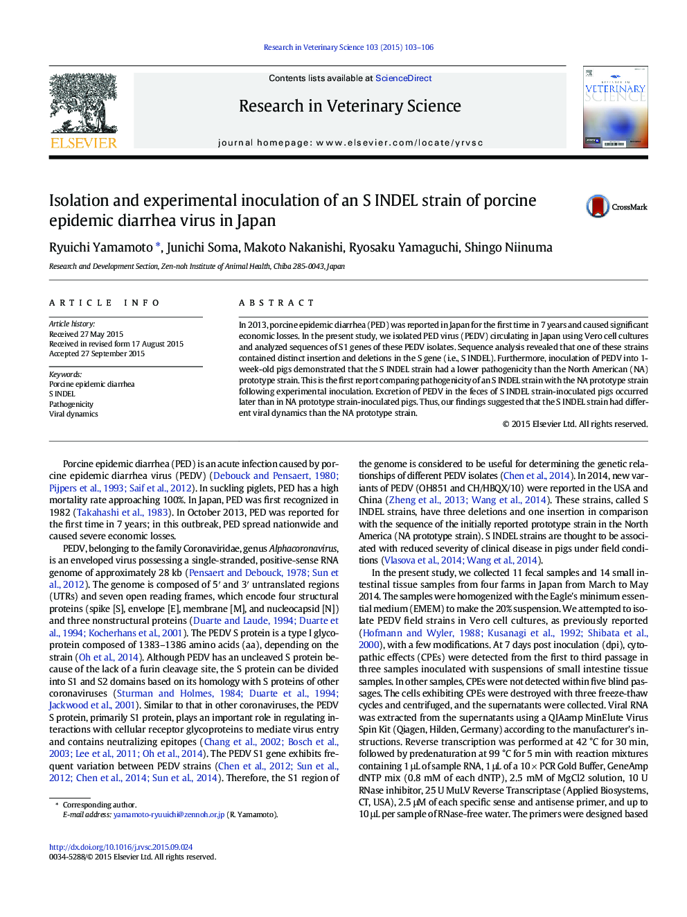 Isolation and experimental inoculation of an S INDEL strain of porcine epidemic diarrhea virus in Japan