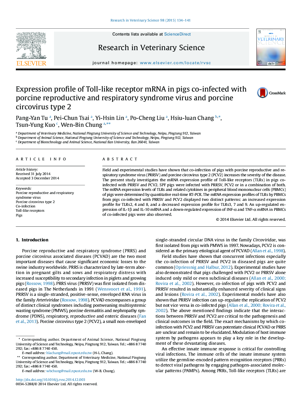 Expression profile of Toll-like receptor mRNA in pigs co-infected with porcine reproductive and respiratory syndrome virus and porcine circovirus type 2