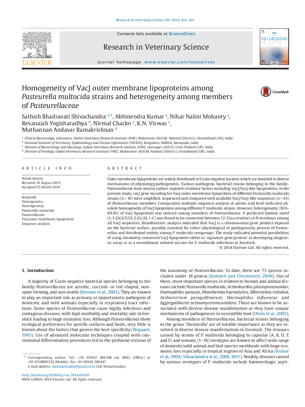 Homogeneity of VacJ outer membrane lipoproteins among Pasteurella multocida strains and heterogeneity among members of Pasteurellaceae