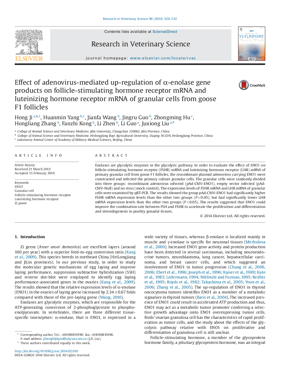 Effect of adenovirus-mediated up-regulation of α-enolase gene products on follicle-stimulating hormone receptor mRNA and luteinizing hormone receptor mRNA of granular cells from goose F1 follicles