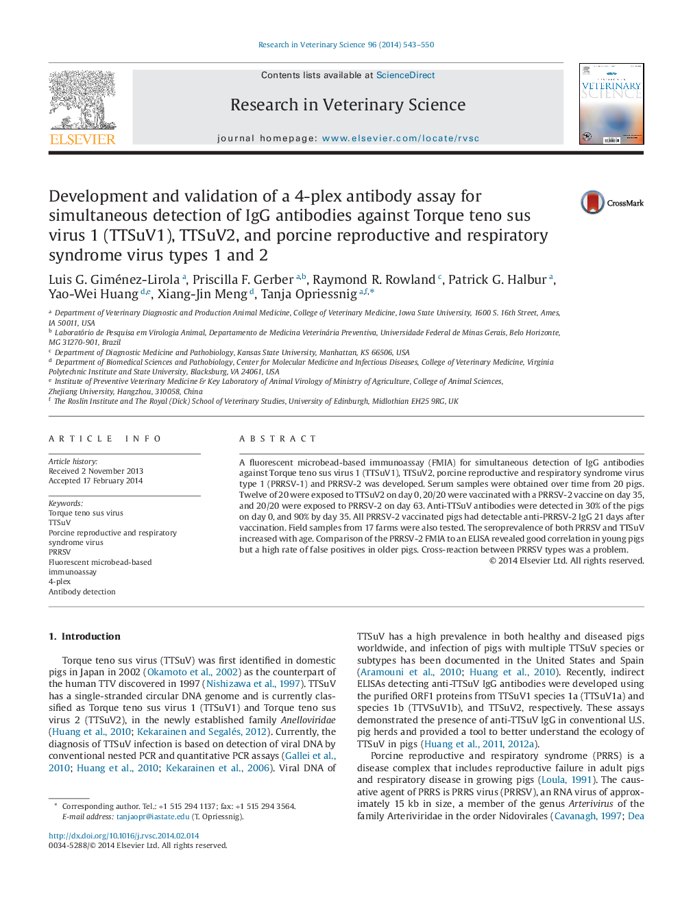 Development and validation of a 4-plex antibody assay for simultaneous detection of IgG antibodies against Torque teno sus virus 1 (TTSuV1), TTSuV2, and porcine reproductive and respiratory syndrome virus types 1 and 2