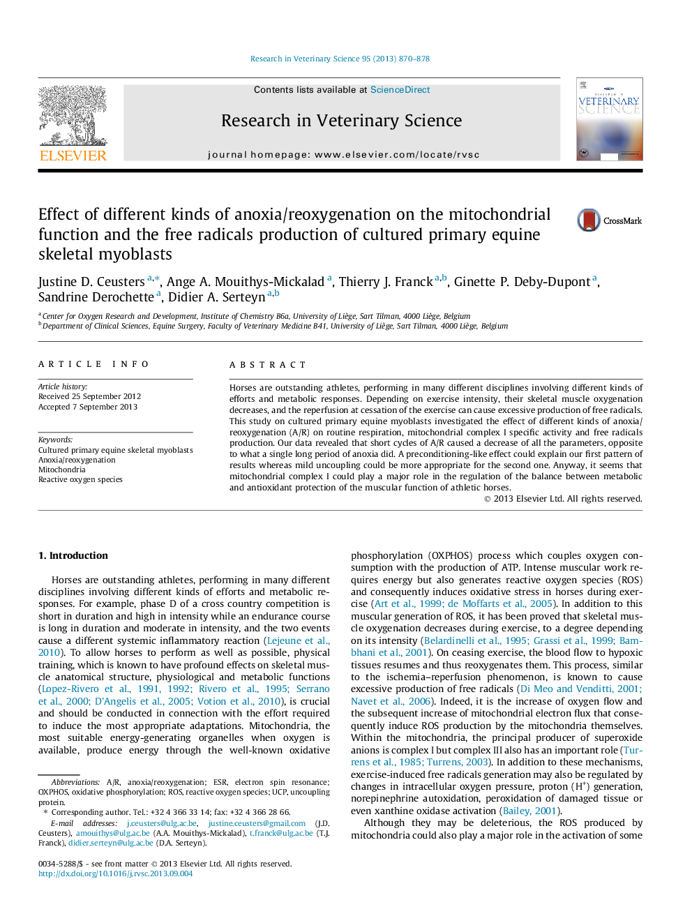 Effect of different kinds of anoxia/reoxygenation on the mitochondrial function and the free radicals production of cultured primary equine skeletal myoblasts