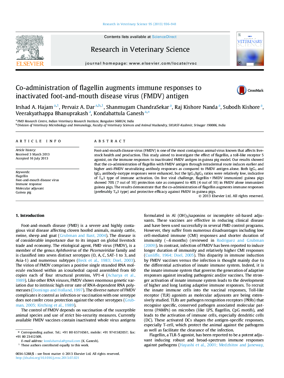 Co-administration of flagellin augments immune responses to inactivated foot-and-mouth disease virus (FMDV) antigen