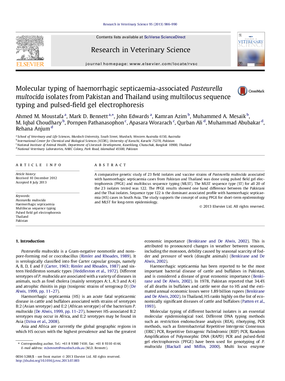 Molecular typing of haemorrhagic septicaemia-associated Pasteurella multocida isolates from Pakistan and Thailand using multilocus sequence typing and pulsed-field gel electrophoresis