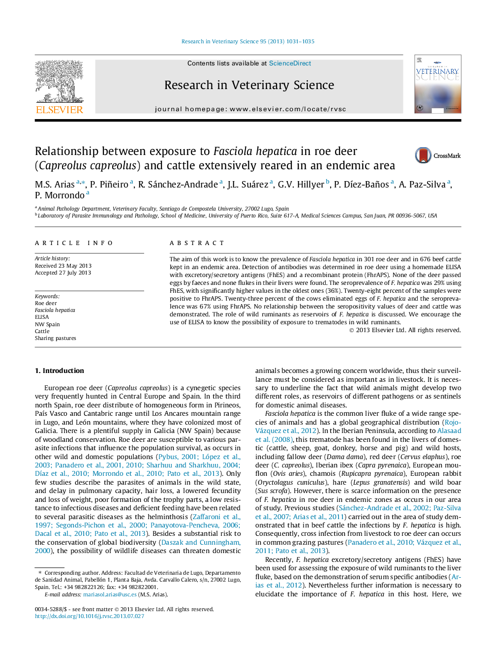 Relationship between exposure to Fasciola hepatica in roe deer (Capreolus capreolus) and cattle extensively reared in an endemic area