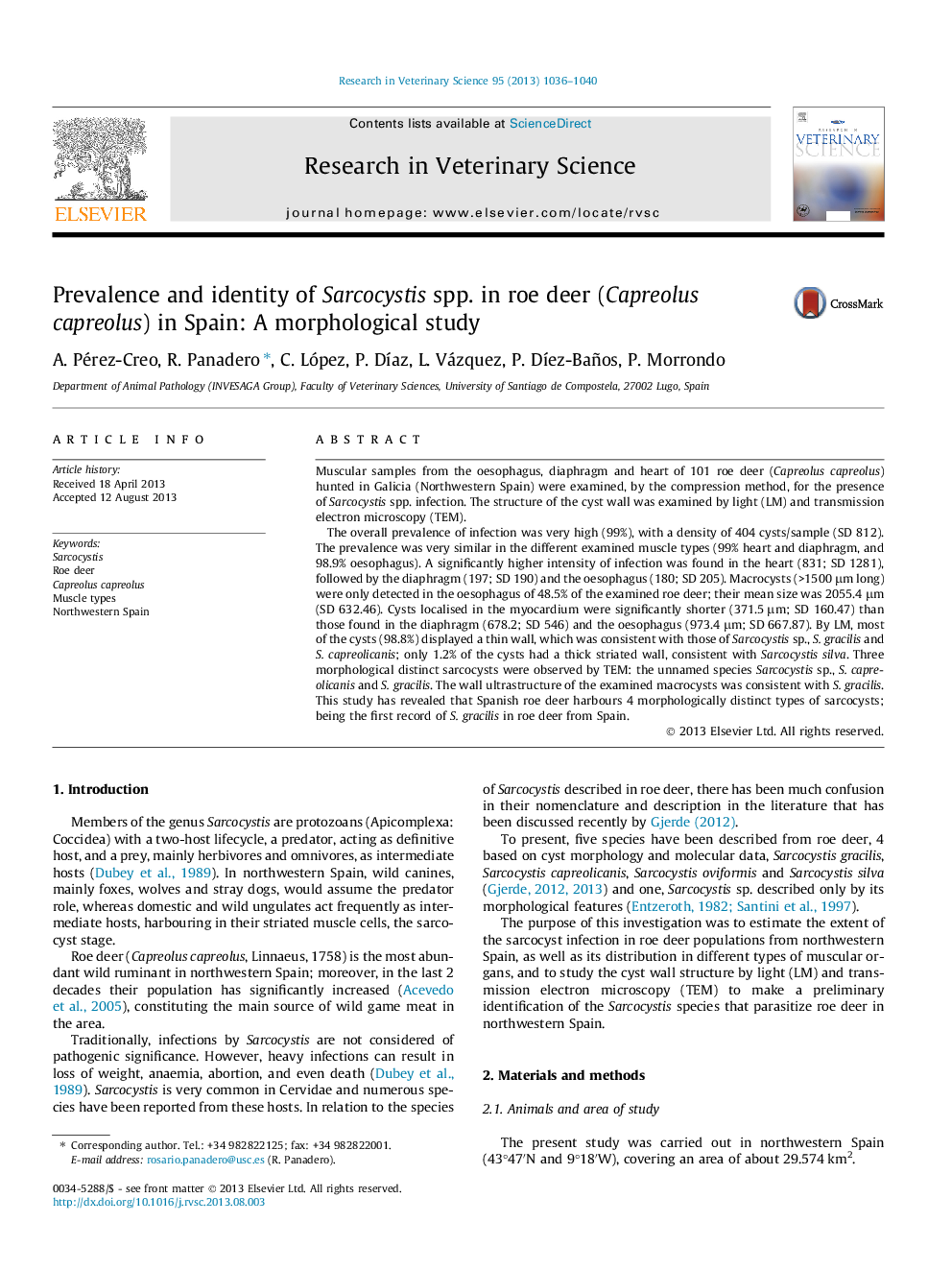 Prevalence and identity of Sarcocystis spp. in roe deer (Capreolus capreolus) in Spain: A morphological study