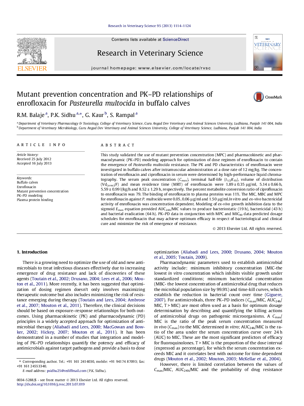 Mutant prevention concentration and PK–PD relationships of enrofloxacin for Pasteurella multocida in buffalo calves