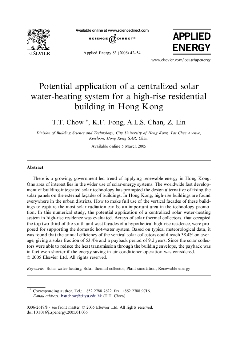 Potential application of a centralized solar water-heating system for a high-rise residential building in Hong Kong