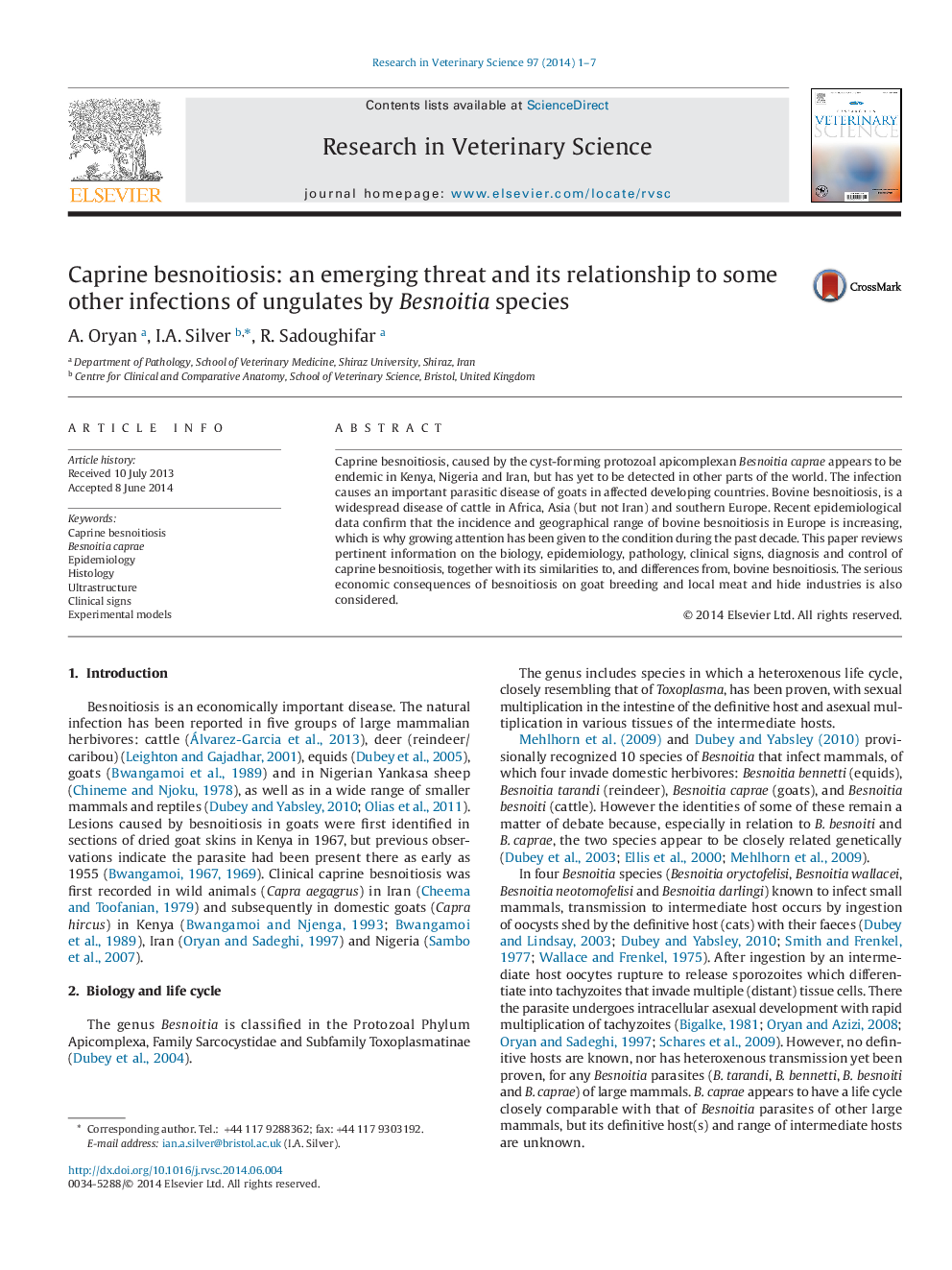 Caprine besnoitiosis: an emerging threat and its relationship to some other infections of ungulates by Besnoitia species