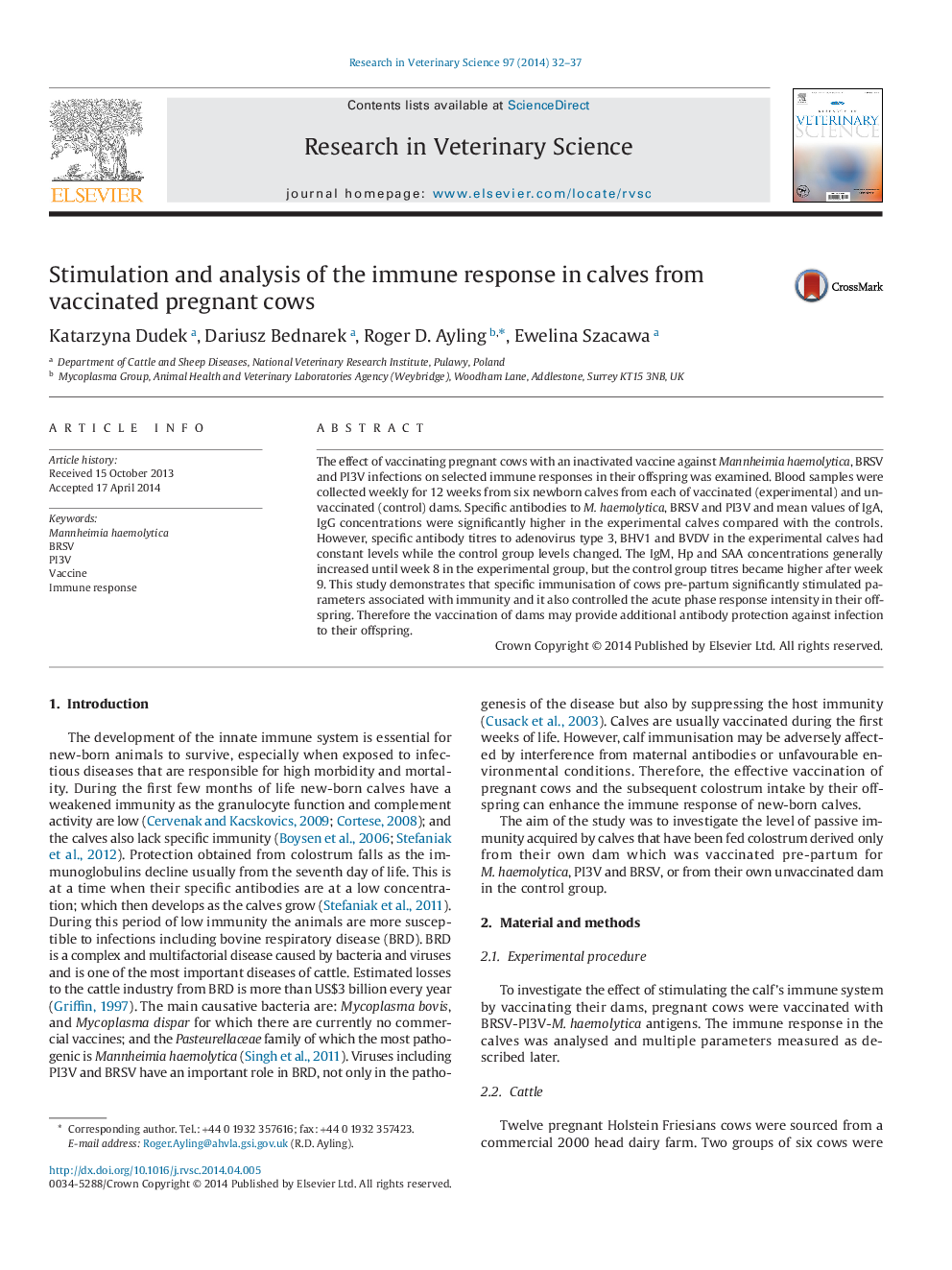 Stimulation and analysis of the immune response in calves from vaccinated pregnant cows