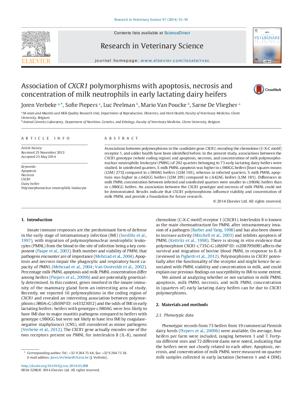 Association of CXCR1 polymorphisms with apoptosis, necrosis and concentration of milk neutrophils in early lactating dairy heifers