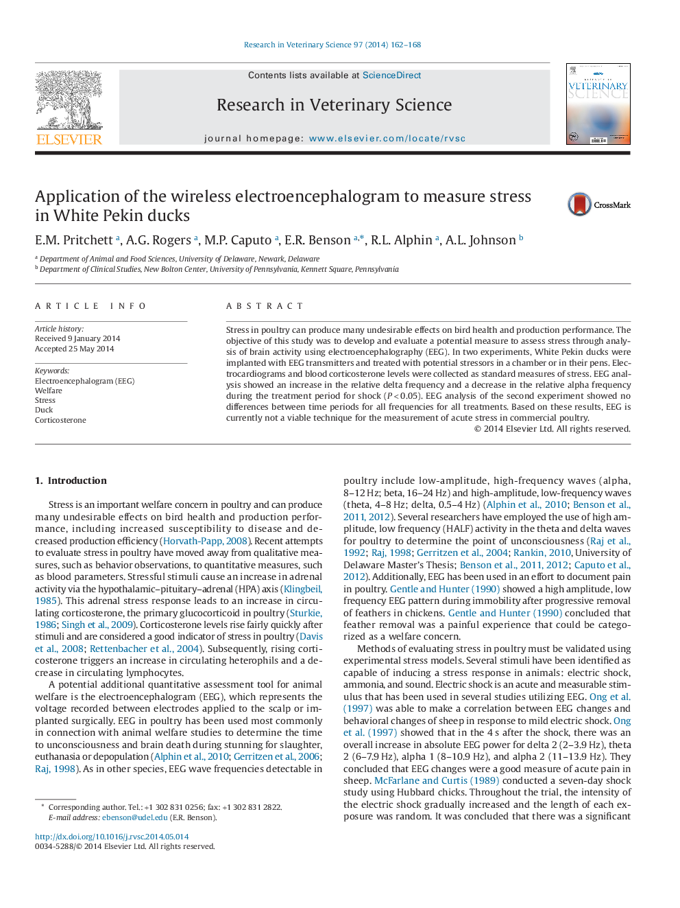 Application of the wireless electroencephalogram to measure stress in White Pekin ducks