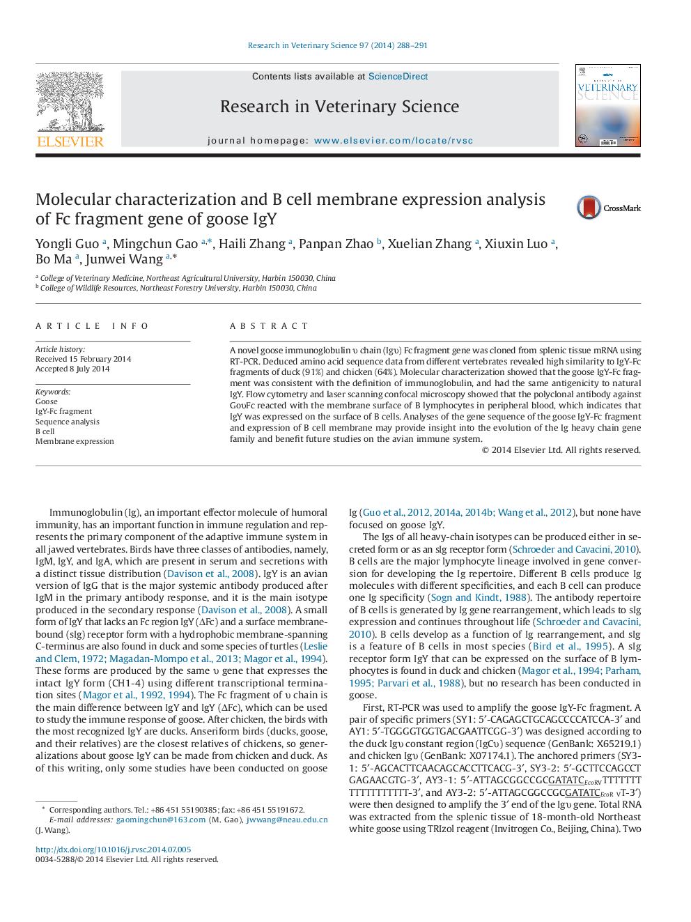 Molecular characterization and B cell membrane expression analysis of Fc fragment gene of goose IgY