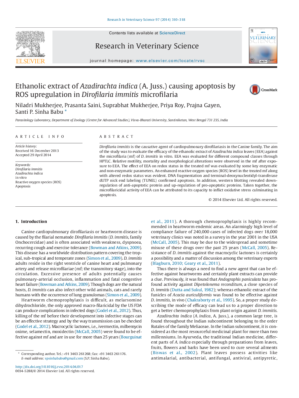 Ethanolic extract of Azadirachta indica (A. Juss.) causing apoptosis by ROS upregulation in Dirofilaria immitis microfilaria