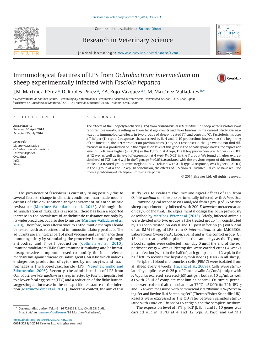 Immunological features of LPS from Ochrobactrum intermedium on sheep experimentally infected with Fasciola hepatica