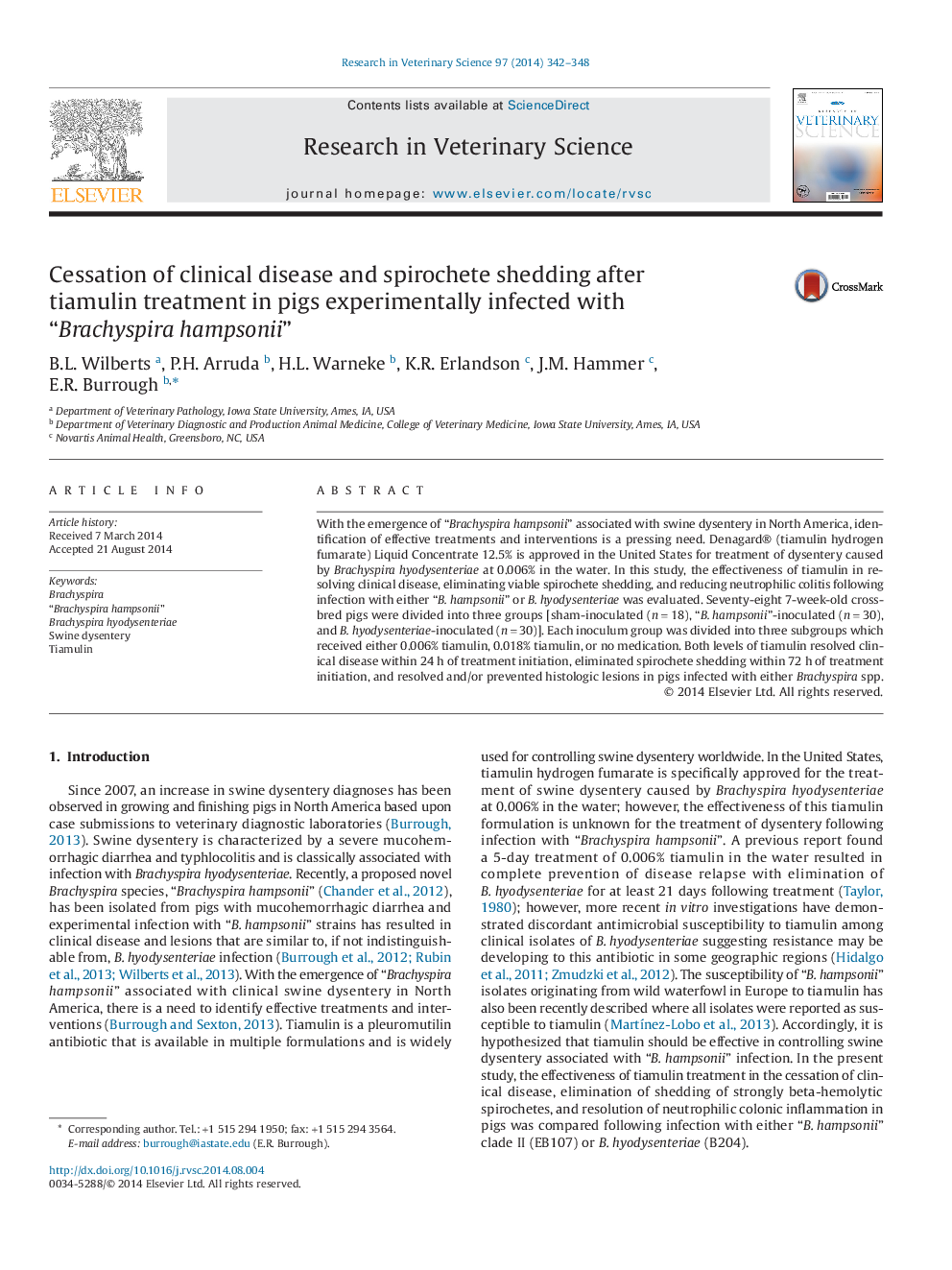 Cessation of clinical disease and spirochete shedding after tiamulin treatment in pigs experimentally infected with “Brachyspira hampsonii”