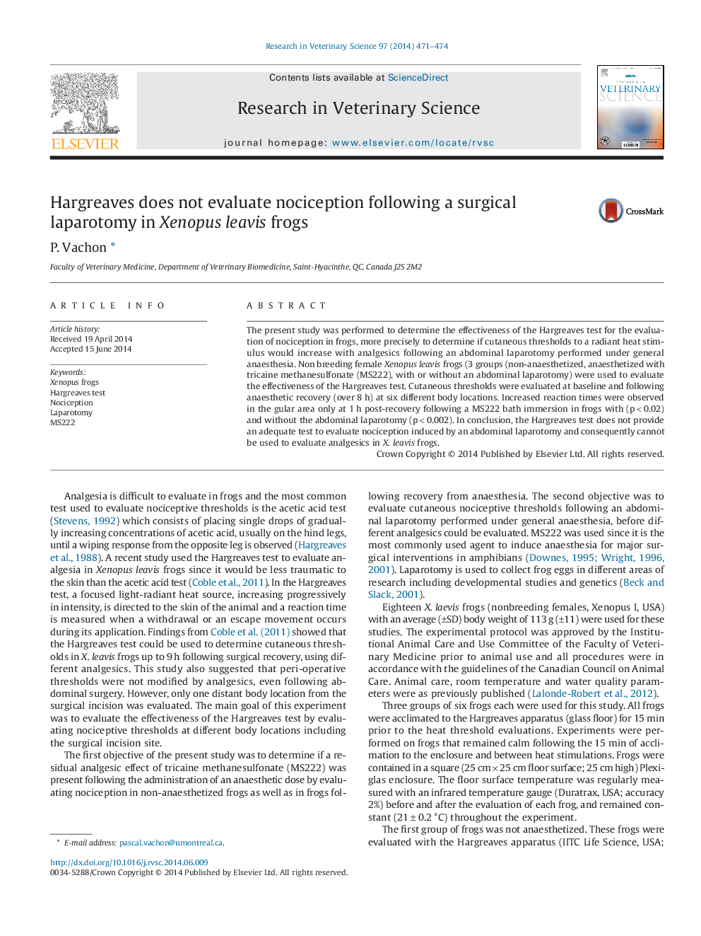 Hargreaves does not evaluate nociception following a surgical laparotomy in Xenopus leavis frogs