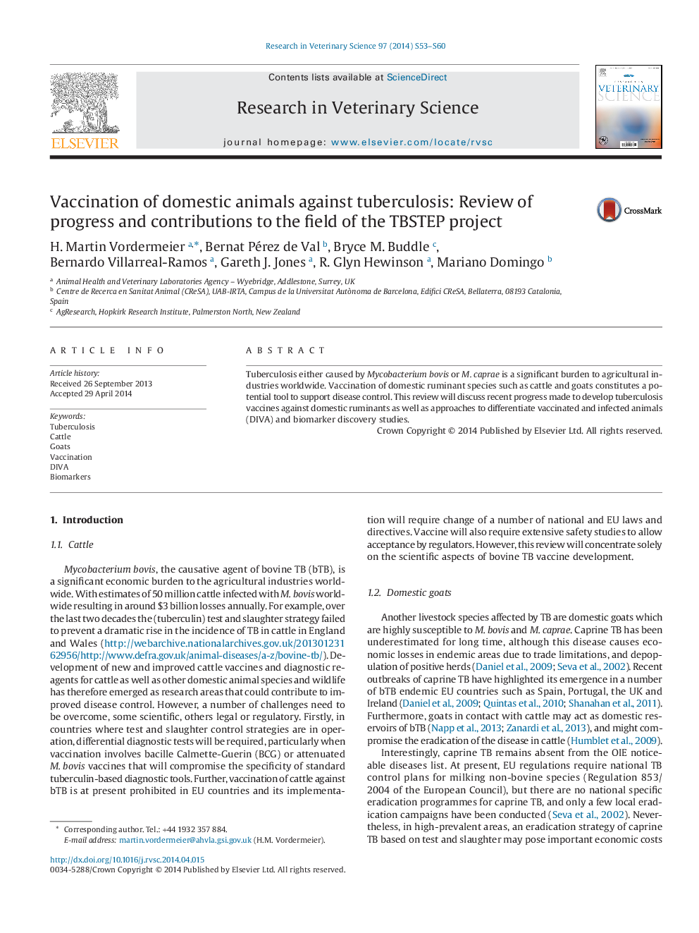 Vaccination of domestic animals against tuberculosis: Review of progress and contributions to the field of the TBSTEP project