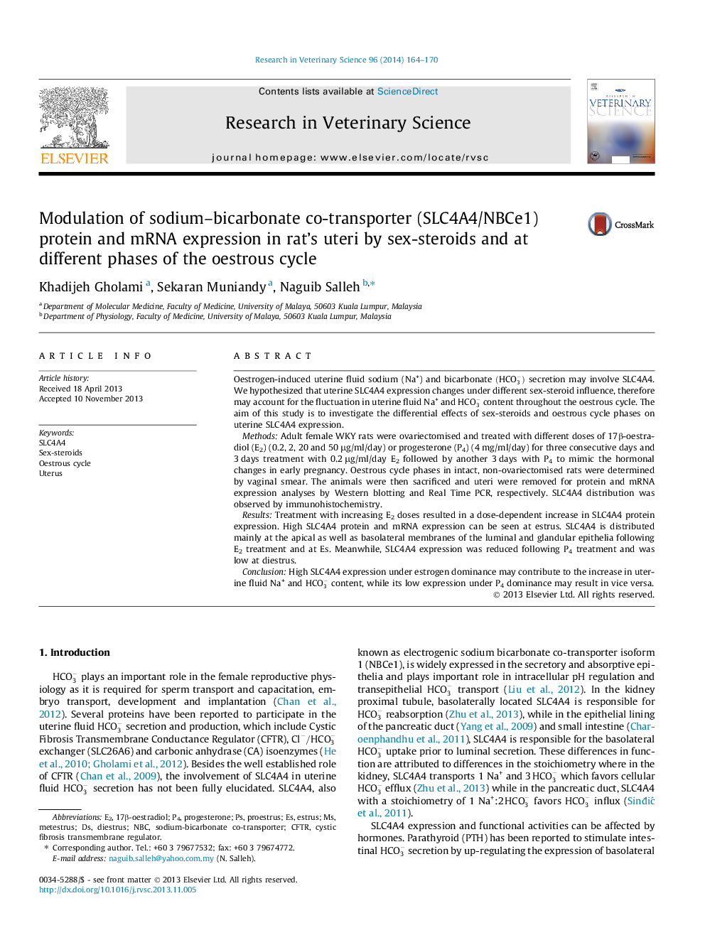 Modulation of sodium–bicarbonate co-transporter (SLC4A4/NBCe1) protein and mRNA expression in rat’s uteri by sex-steroids and at different phases of the oestrous cycle