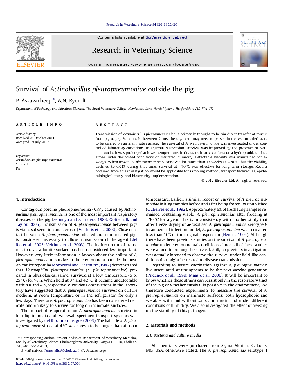 Survival of Actinobacillus pleuropneumoniae outside the pig