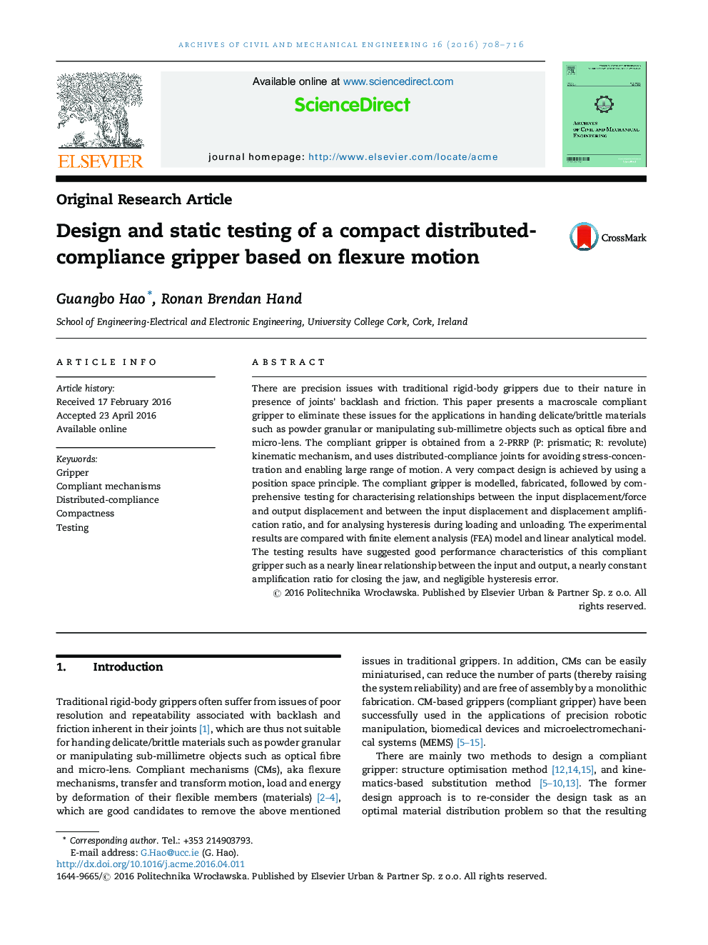 Design and static testing of a compact distributed-compliance gripper based on flexure motion