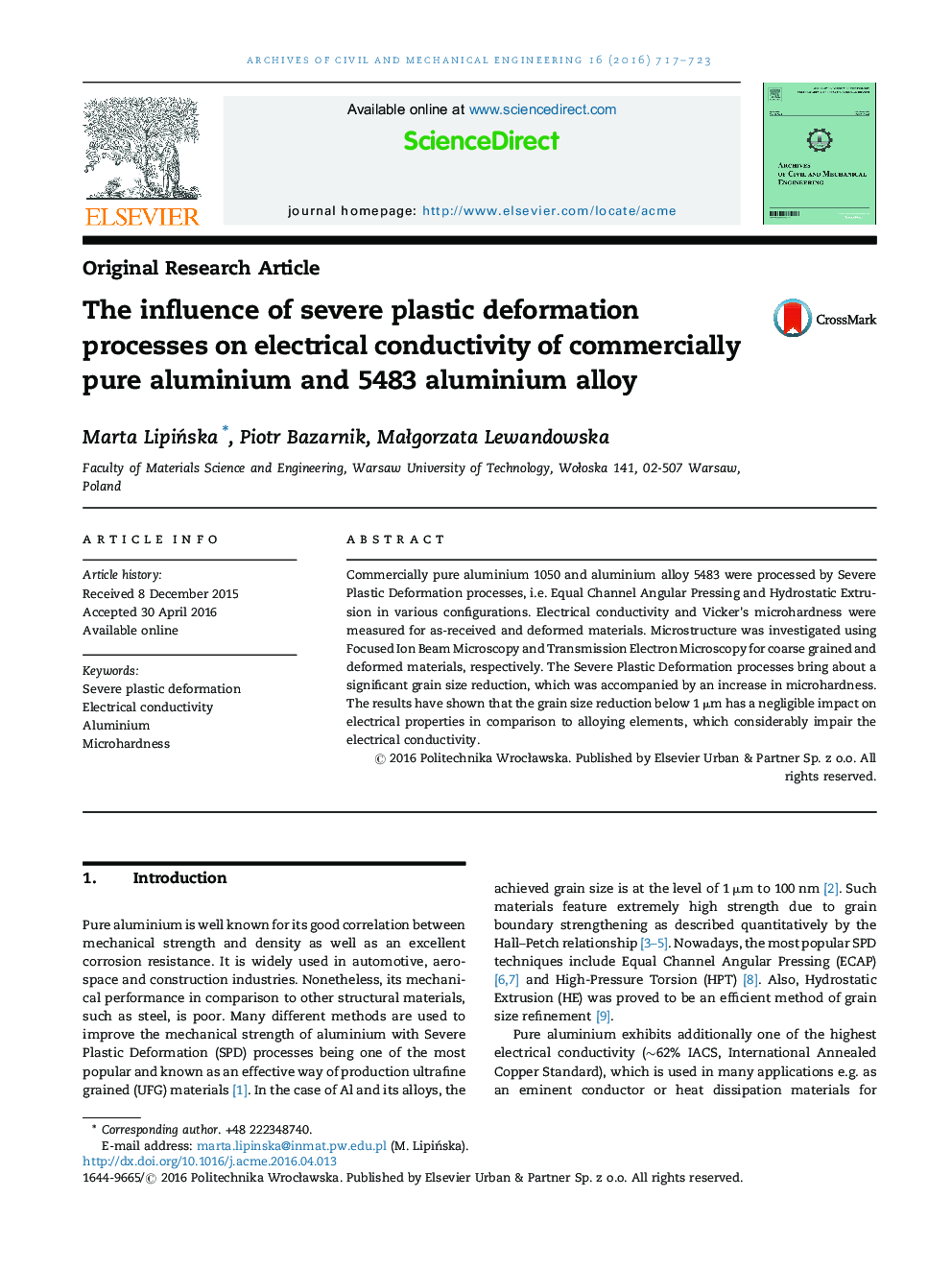 The influence of severe plastic deformation processes on electrical conductivity of commercially pure aluminium and 5483 aluminium alloy