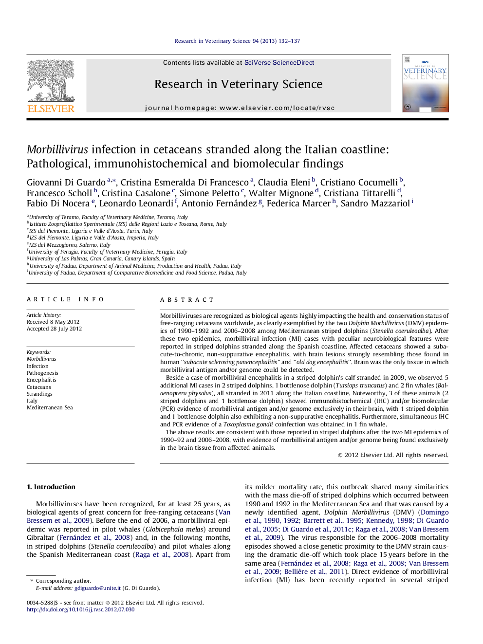 Morbillivirus infection in cetaceans stranded along the Italian coastline: Pathological, immunohistochemical and biomolecular findings