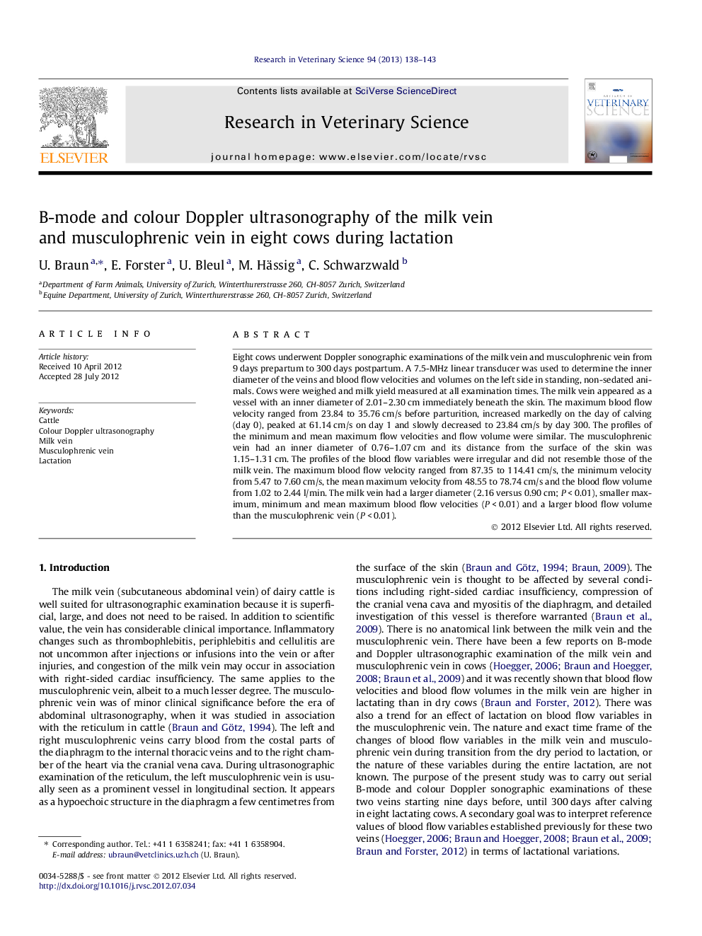 B-mode and colour Doppler ultrasonography of the milk vein and musculophrenic vein in eight cows during lactation