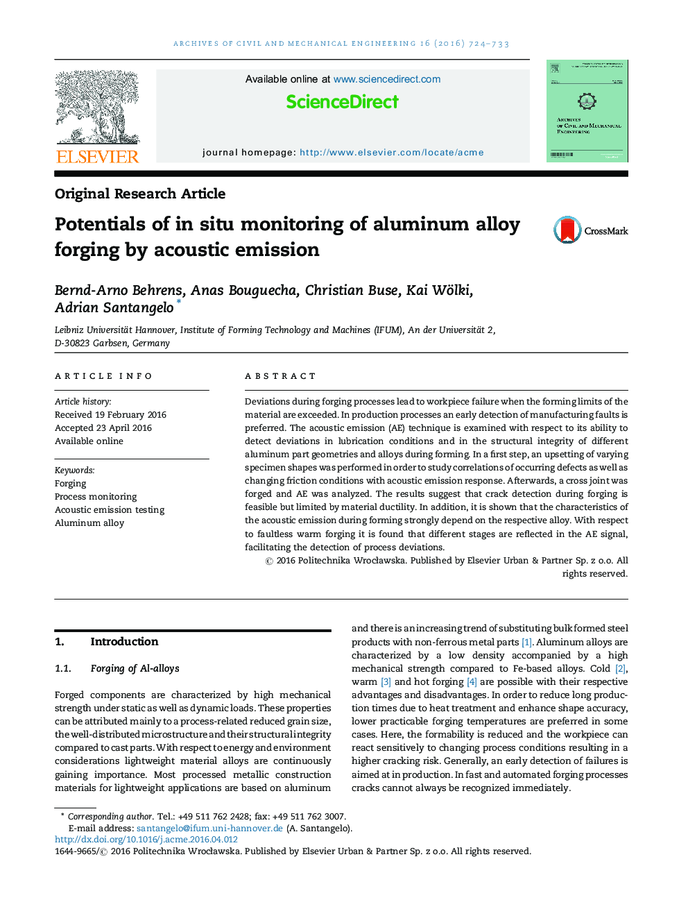 Potentials of in situ monitoring of aluminum alloy forging by acoustic emission
