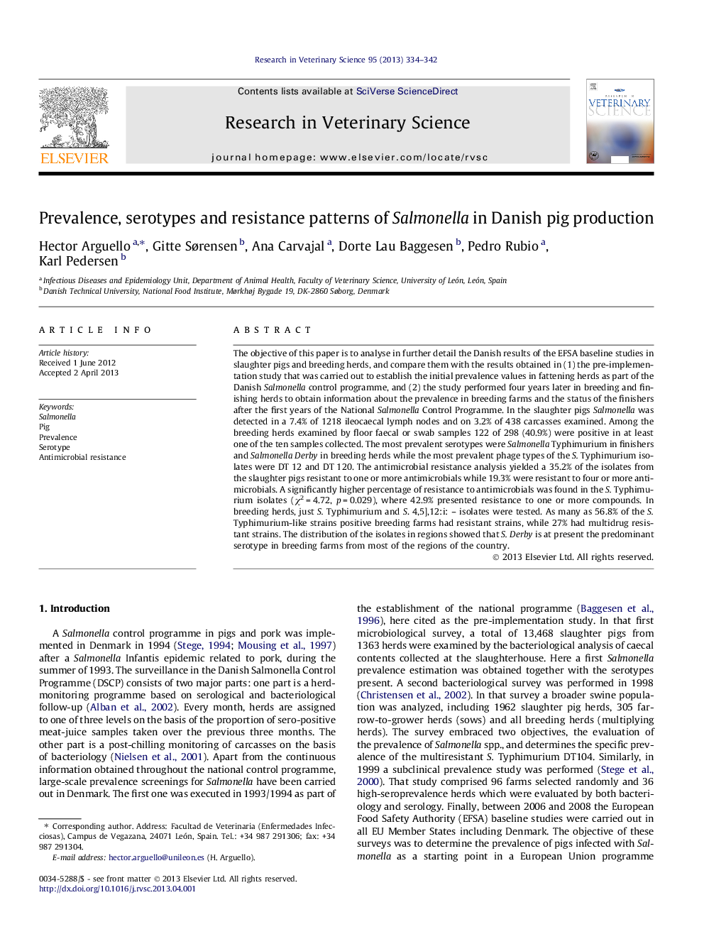 Prevalence, serotypes and resistance patterns of Salmonella in Danish pig production