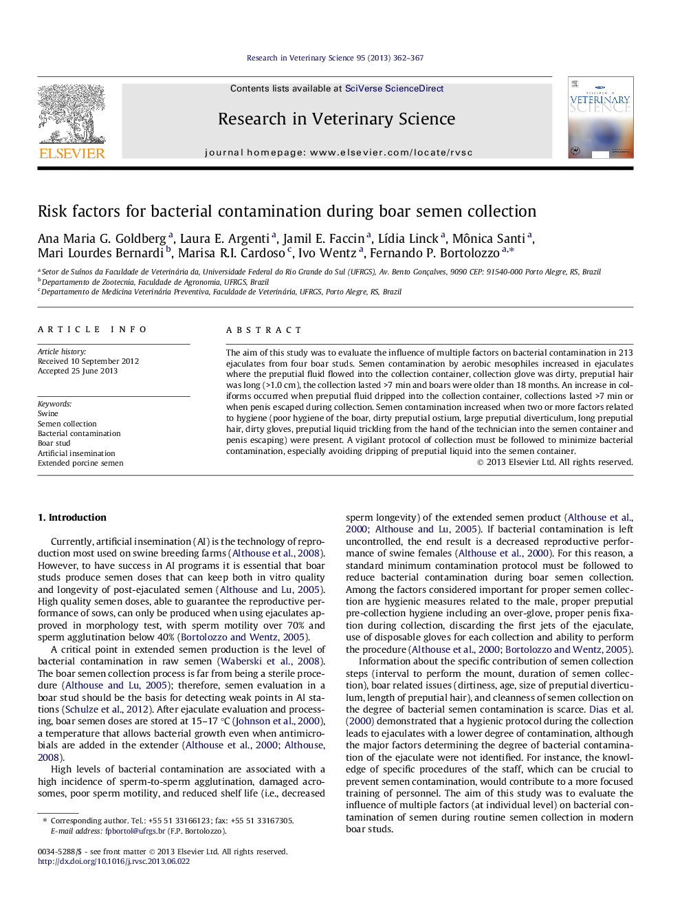 Risk factors for bacterial contamination during boar semen collection