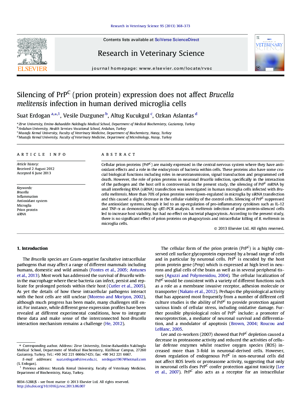 Silencing of PrPC (prion protein) expression does not affect Brucella melitensis infection in human derived microglia cells