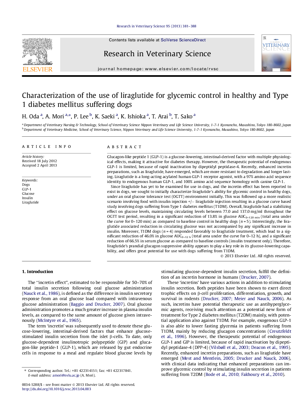 Characterization of the use of liraglutide for glycemic control in healthy and Type 1 diabetes mellitus suffering dogs