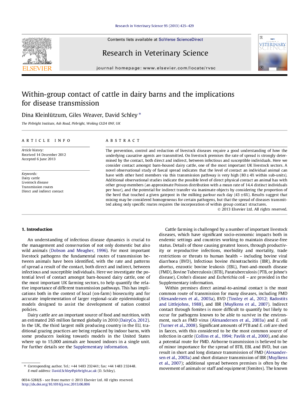 Within-group contact of cattle in dairy barns and the implications for disease transmission