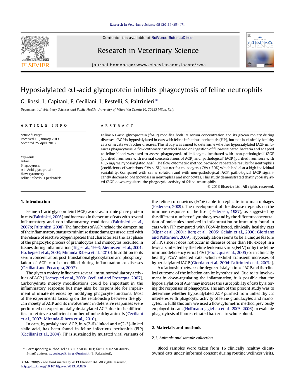 Hyposialylated α1-acid glycoprotein inhibits phagocytosis of feline neutrophils