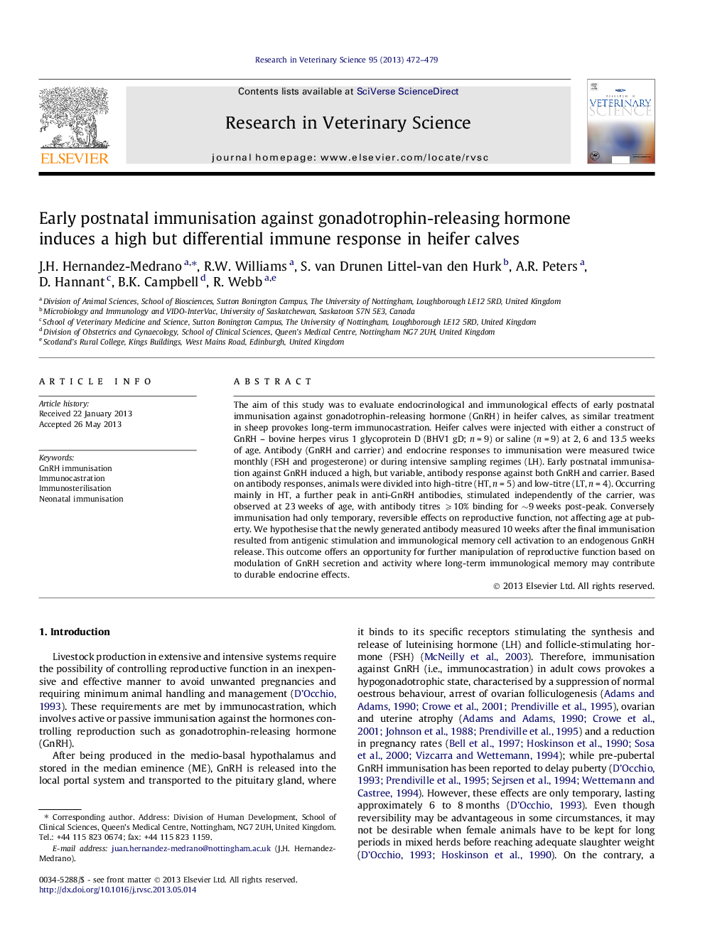 Early postnatal immunisation against gonadotrophin-releasing hormone induces a high but differential immune response in heifer calves