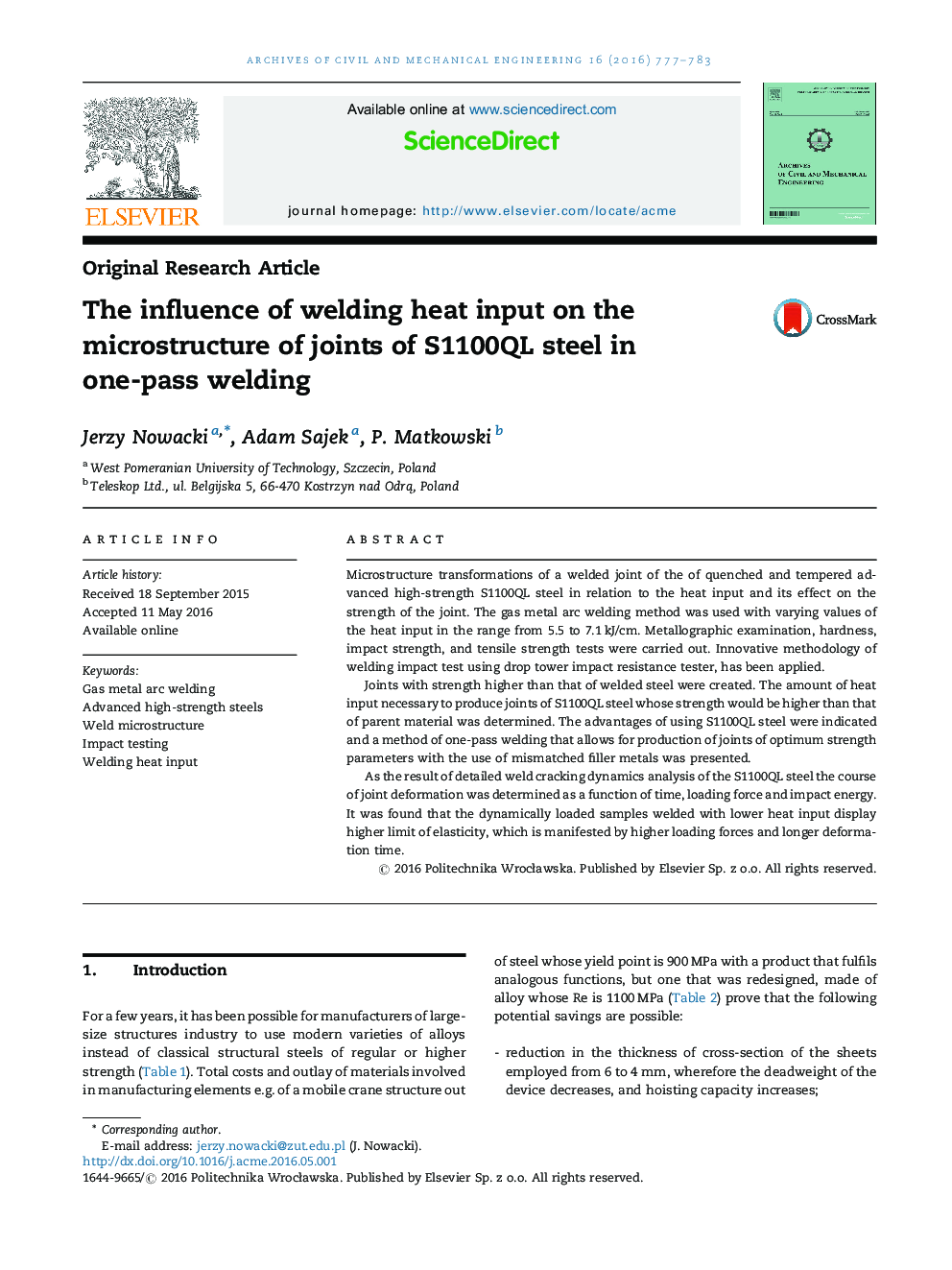 The influence of welding heat input on the microstructure of joints of S1100QL steel in one-pass welding