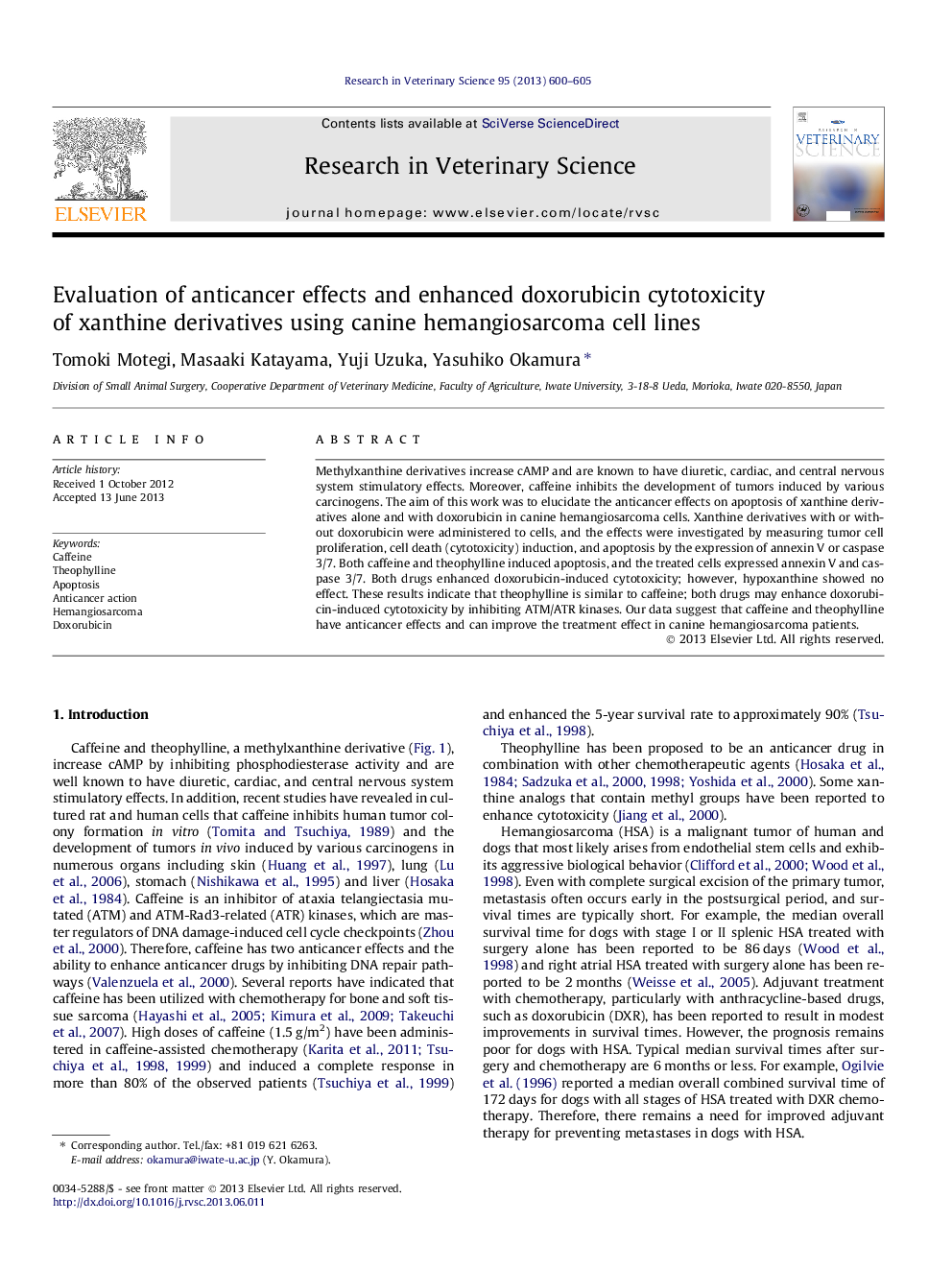 Evaluation of anticancer effects and enhanced doxorubicin cytotoxicity of xanthine derivatives using canine hemangiosarcoma cell lines