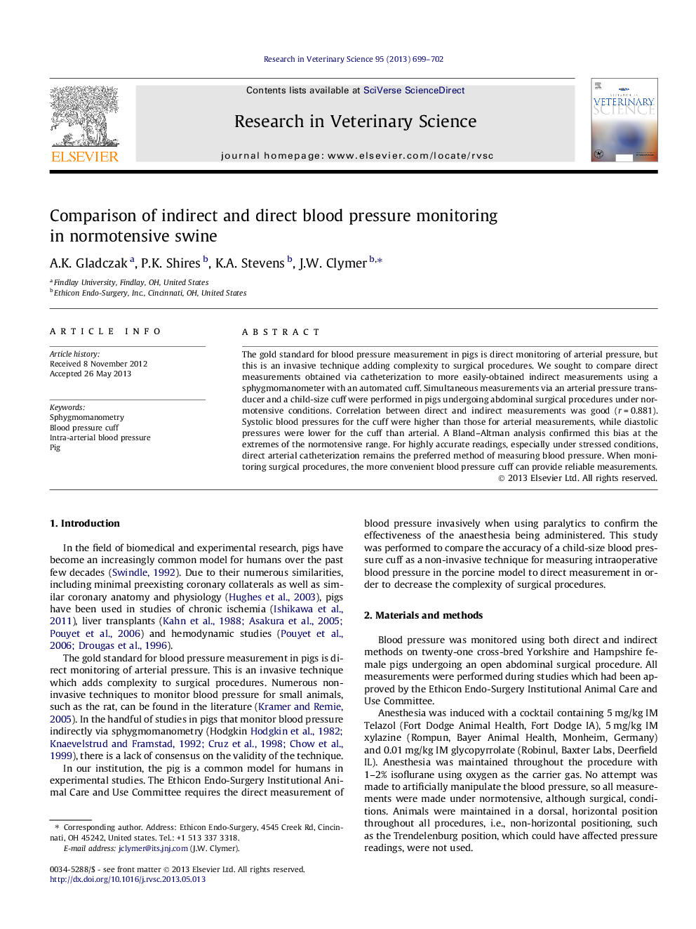 Comparison of indirect and direct blood pressure monitoring in normotensive swine