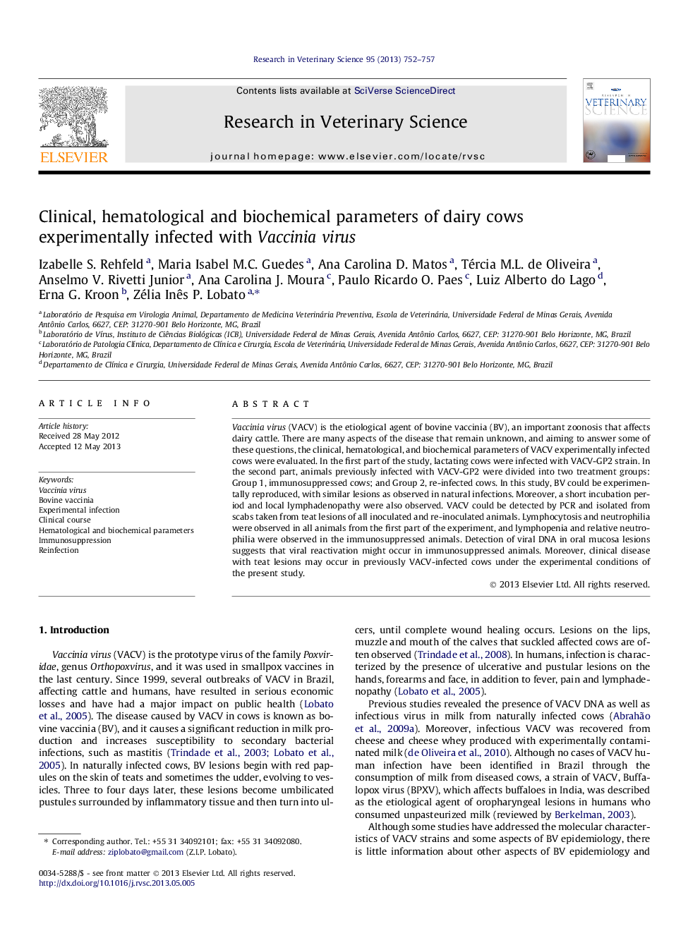 Clinical, hematological and biochemical parameters of dairy cows experimentally infected with Vaccinia virus