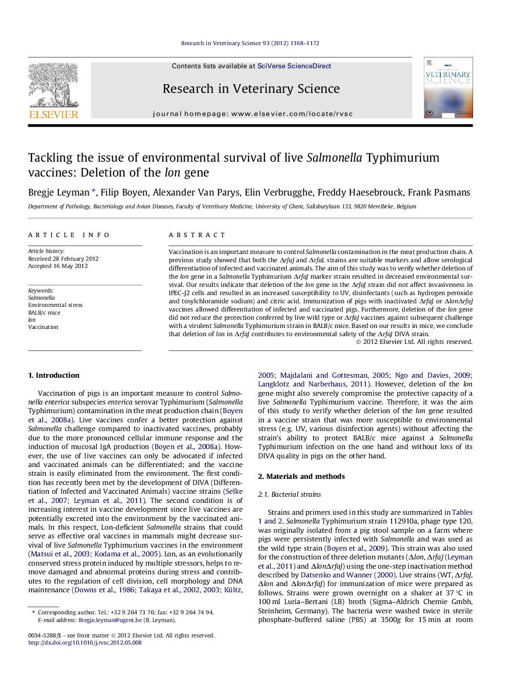 Tackling the issue of environmental survival of live Salmonella Typhimurium vaccines: Deletion of the lon gene