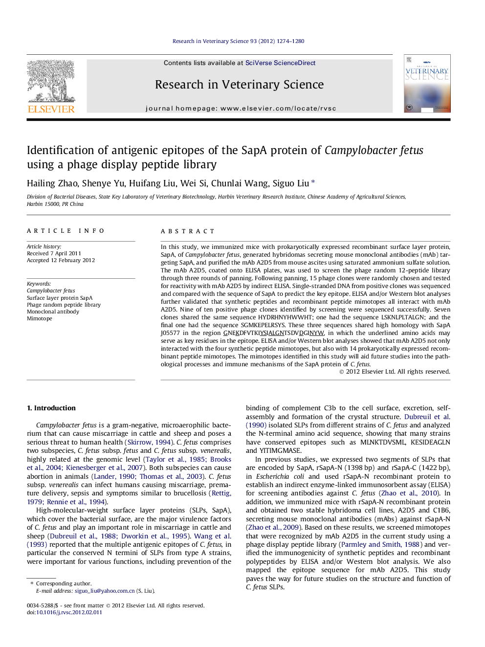 Identification of antigenic epitopes of the SapA protein of Campylobacter fetus using a phage display peptide library