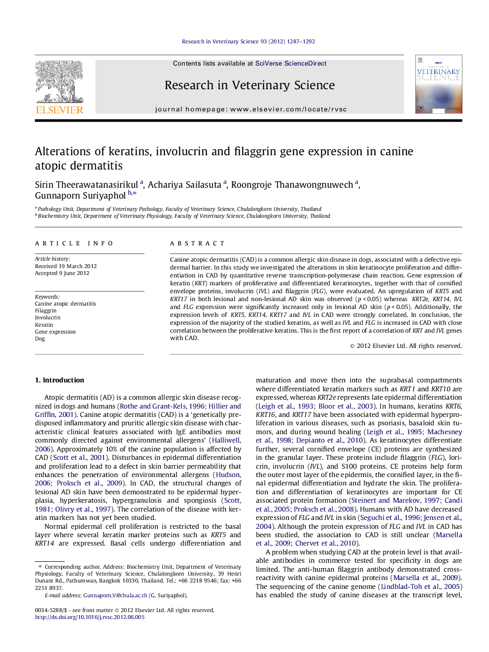 Alterations of keratins, involucrin and filaggrin gene expression in canine atopic dermatitis