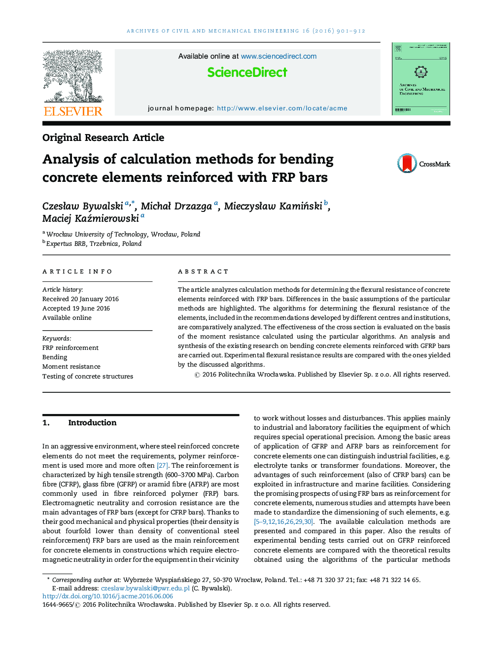 Analysis of calculation methods for bending concrete elements reinforced with FRP bars