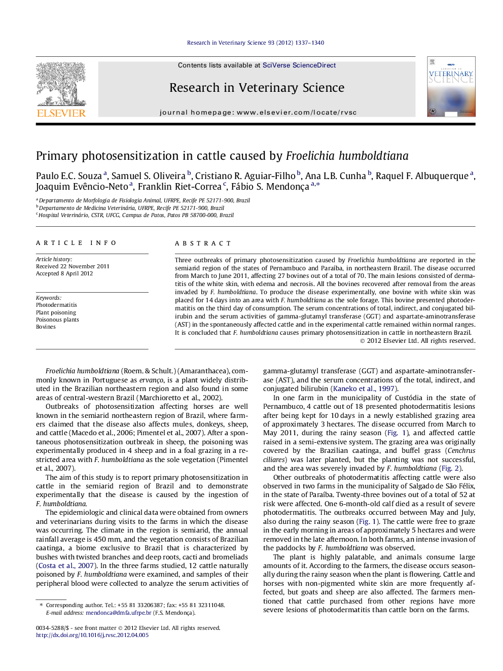 Primary photosensitization in cattle caused by Froelichia humboldtiana