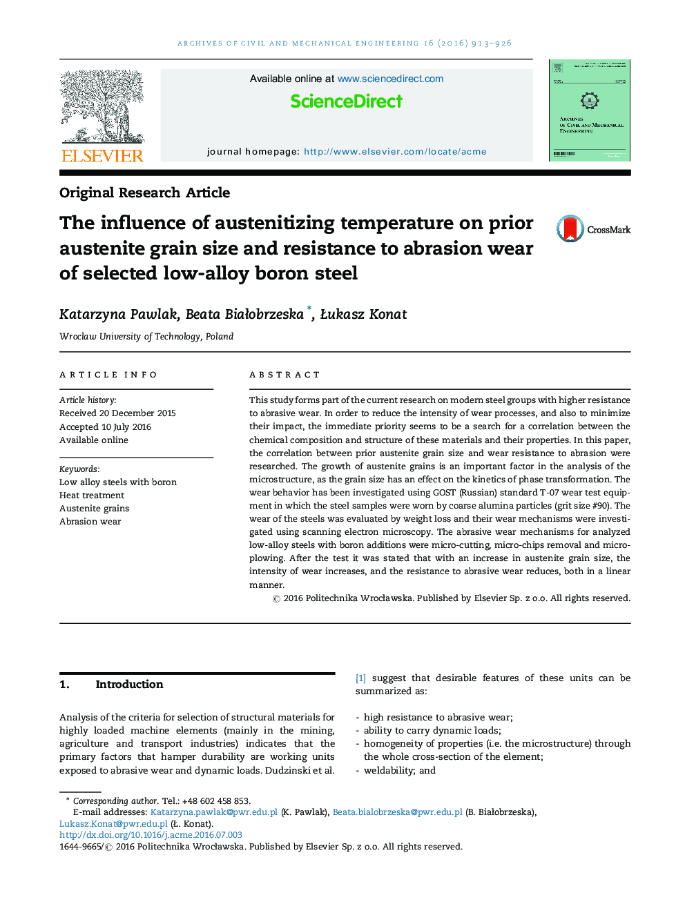 The influence of austenitizing temperature on prior austenite grain size and resistance to abrasion wear of selected low-alloy boron steel