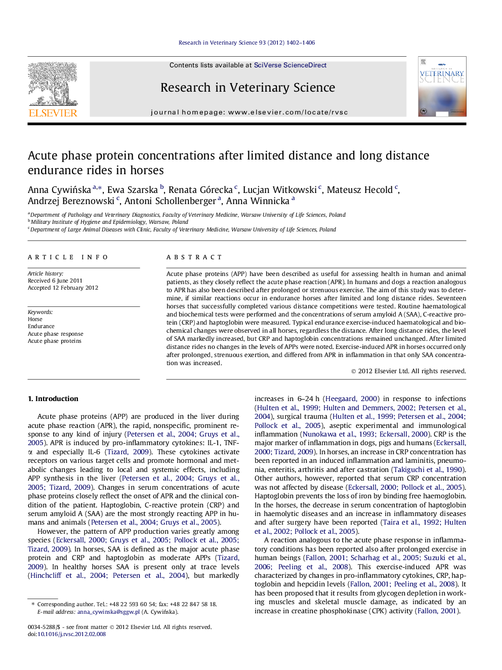 Acute phase protein concentrations after limited distance and long distance endurance rides in horses